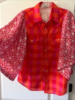 Girls' Red & Pink Plaid Button-Down Shirt with Floral Puff Sleeves